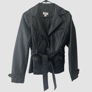 Cato Black Brown Belted Faux Leather Jacket Women's Small Button Lined Tie Belt